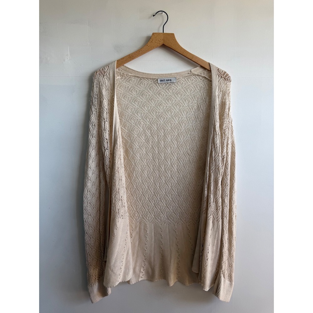 Grace Karin Cream Pointelle Knit Open Front Cardigan Peplum Hem Size L Boemian